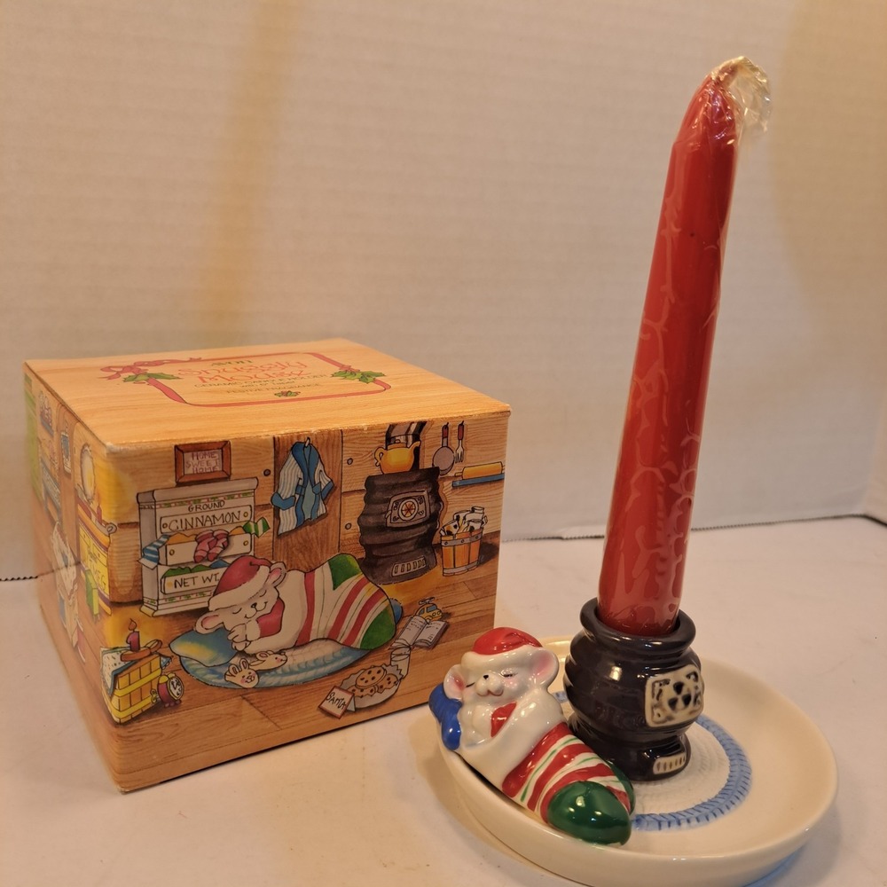 Avon Snuggly Mouse Ceramic Candle Holder Boxed Multicolor for Taper Candles